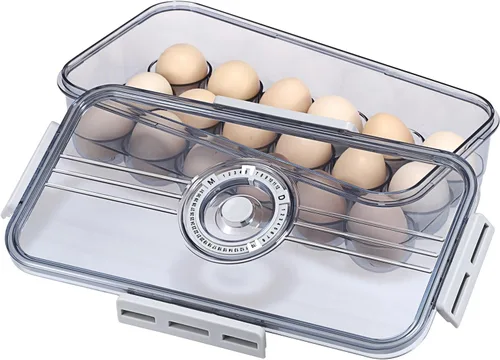 BSTKEY Soporte para huevos para refrigerador, contenedor de huevos con escala de tiempo, soporte para huevos con tapa para almacenamiento de cocina,