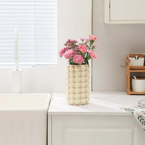 Vista 5 de Florero de burbujas, florero de cerámica beige para decoración bohemia, jarrones de cerámica para decoración moderna del hogar, jarrones decorativos