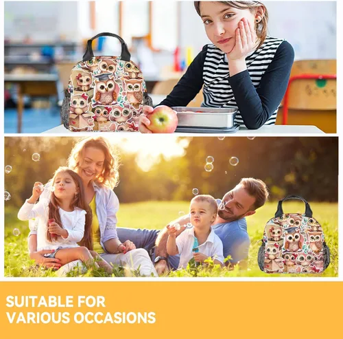 Vista 2 de Lonchera con diseño de búho para niñas y niños, reutilizable, aislada, con asa, pequeña, rosa, bonita, ideal para la escuela, picnic, viajes, al