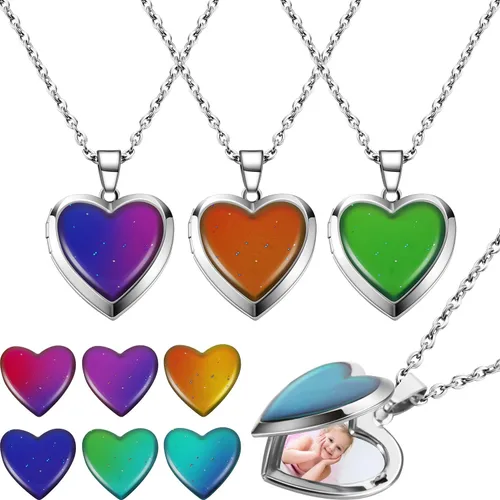 Valentines Heart Mood Locket Necklace Kid Locket Color Changing Necklace Photo Pendant Temperature Sensing Mood Necklace Stainless Steel Love Shape