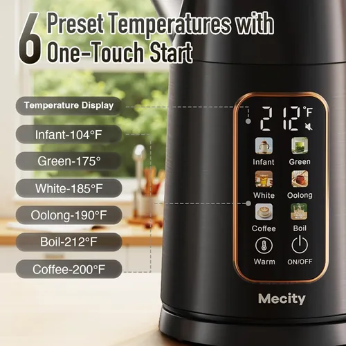 Vista 2 de Mecity Hervidor eléctrico de 1.7L con pantalla táctil de control de temperatura, sin contacto de plástico con agua. 6 programas de temperatura