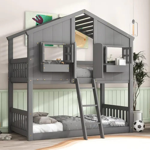 Vista 54 de Cama de casa de tamaño individual con elegantes ventanas y estantería, litera con diseño de castillo de madera con barandillas de seguridad