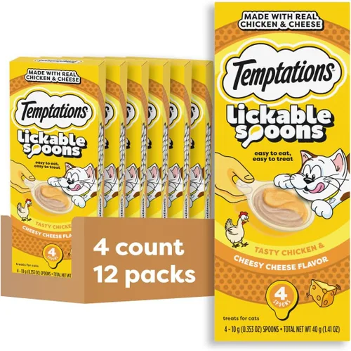 Temptations Cucharas para lamer, golosinas suaves para gatos, golosinas húmedas para gatos adultos, sabroso sabor a pollo y queso cursi, 4 cucharas,