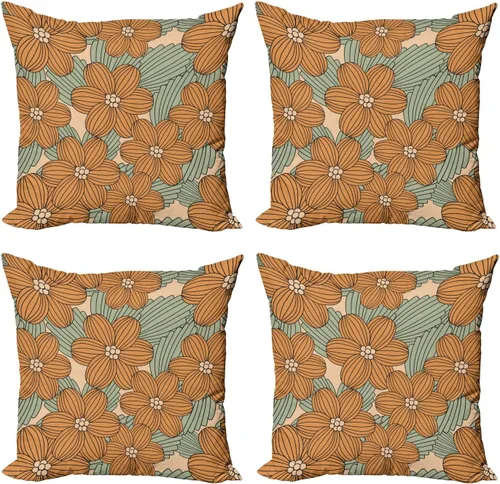 Ambesonne Art Nouveau Throw Pillow Cover Set of 4, Hand Drawn Old Fashioned Chinese Blooms Leaves Shabby Pattern, Square Cushion Covers Decor for