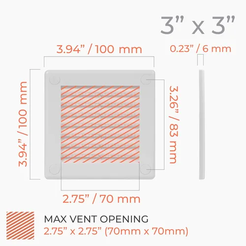Vista 2 de Cubierta cuadrada de ventilación de aire de 4 x 4 pulgadas (tamaño exterior) - Deflector de ventilación de plástico blanco - Malla de pantalla