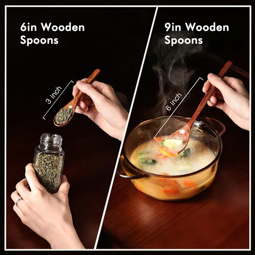 Vista 5 de Juego de cucharas de madera, 12 piezas (6 piezas de 9 pulgadas y 6 piezas de 6 pulgadas), para comer, mezclar, agitar, café, té, mermelada, sales
