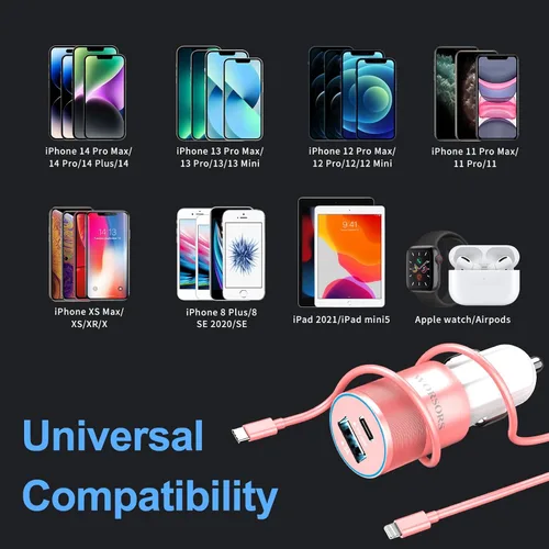 Vista 6 de Worsors Cargador rápido USB C de 35 W para automóvil [certificado Apple MFi] compatible con iPhone 14 Pro/14 Pro Max/14+/13/12/11/Mini/XS/XR/8, Rosa