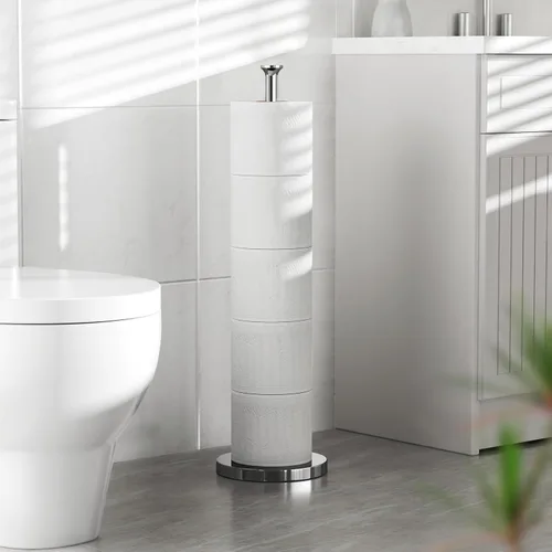 Vista 7 de Soporte para papel higiénico (con función de reserva), soporte de almacenamiento de rollos de repuesto independiente, acero inoxidable, diseño