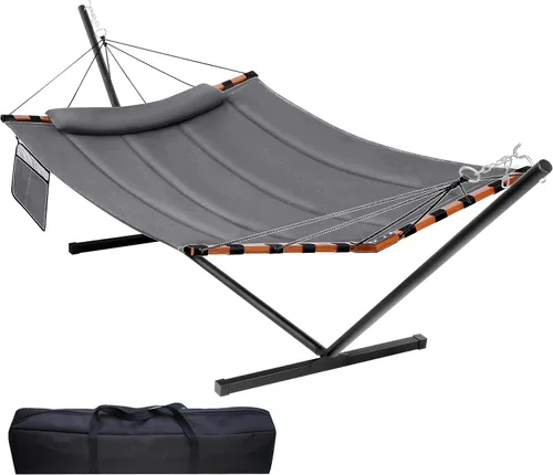 Vista 8 de TegerDeger Hamaca para 2 personas de 12 pies con soporte incluido, hamaca grande de 55 x 79 pulgadas, capacidad de 450 libras con barra separadora