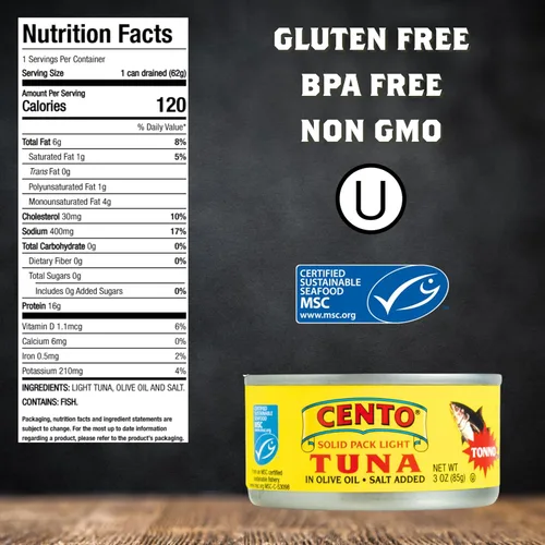 Vista 2 de Cento Solid Pack - Atún ligero en aceite de oliva, 3 onzas (paquete de 12), alto contenido en proteínas, certificado MSC, atún capturado