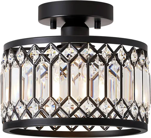 Pevfah Lámpara de techo negra de cristal, moderna lámpara de techo semiempotrada, accesorios de iluminación de pasillo redondo para cocina, entrada,