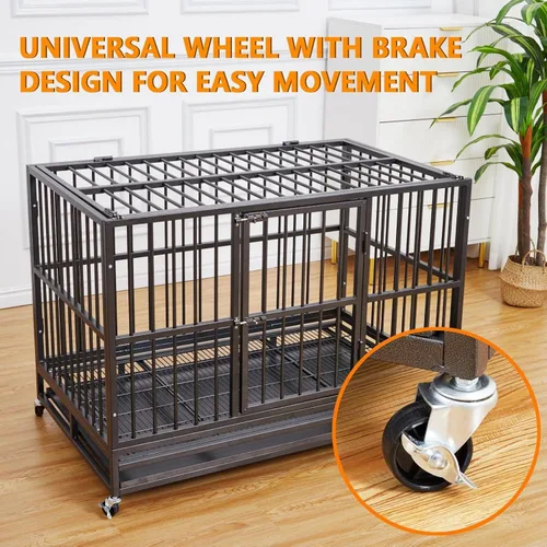 Vista 4 de Jaula indestructible para perros de 48 pulgadas, jaula para perros grande resistente con ruedas y cerraduras resistentes, perrera interior con doble