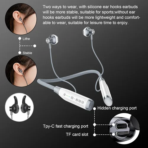 Vista 8 de EEAABBR Auriculares Bluetooth con banda para el cuello con ranura para tarjeta TF, 100 horas de reproducción, auriculares inalámbricos con banda