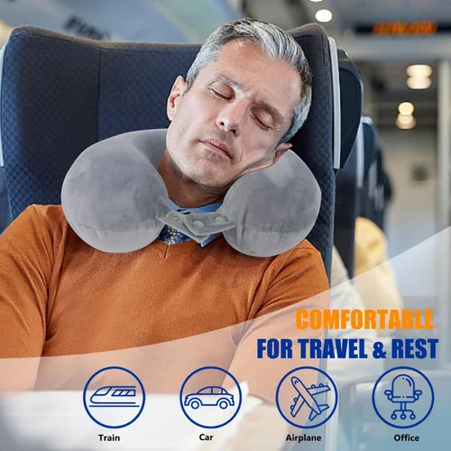 Vista 2 de SAIREIDER Almohadas de viaje para dormir en avión 100% espuma viscoelástica pura para el cuello Almohada para el cuello de avión Funda lavable (Gris)