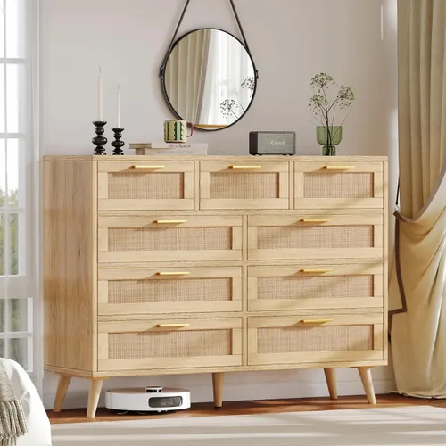 Vista 48 de Rovaurx Cómoda doble de 6 cajones para dormitorio, cómoda de ratán, cómoda de madera moderna con asas doradas, mesa auxiliar para armario, sala
