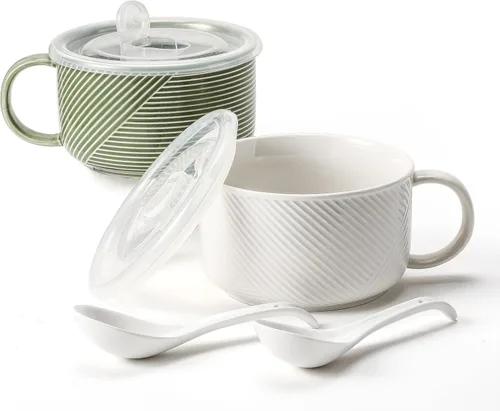 Vista 15 de Tazón de sopa de gran tamaño con asa: taza de sopa de cerámica de 38 onzas con tapa, apto para microondas, contenedor de almacenamiento de alimentos