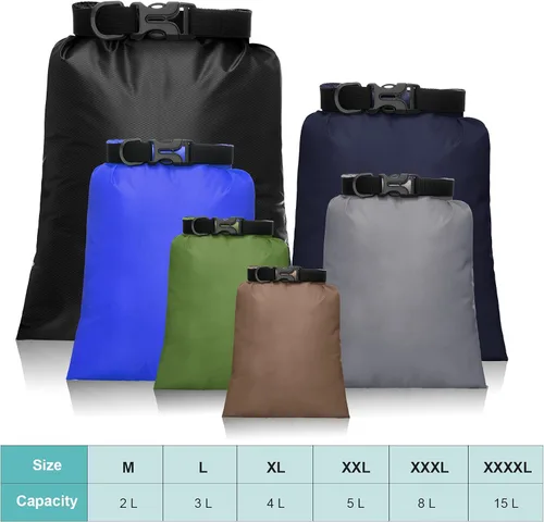Vista 2 de Juego de bolsas secas impermeables de 15 L+ 8 L +5 L+4 L+3 L+ 2 L y correa de hombro larga ajustable para kayak, rafting, canotaje, senderismo