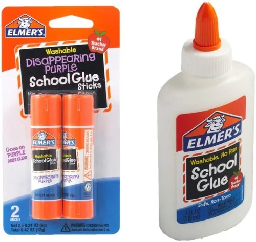 Elmer's Bundle - Pegamento escolar líquido lavable, blanco, se seca transparente, 4 onzas líquidas Plus Disappearing Purple Elmer's School Glue