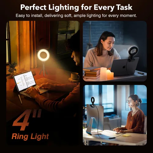 Vista 2 de Anillo de luz para computadora portátil/computadora, llamada de zoom, iluminación de videoconferencia pequeña de 4 pulgadas con soporte