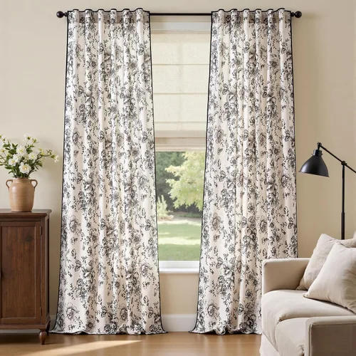 Vista 61 de Jinchan - Cortinas de lino floral de 120 pulgadas de largo para sala de estar, 2 paneles Negro sobre beige