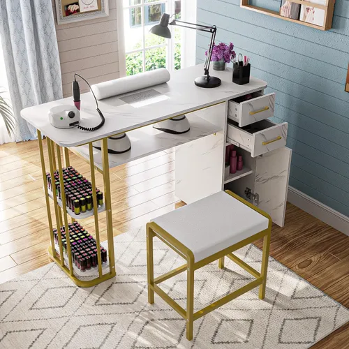 Vista 7 de Mesa de manicura para uñas para tecnología de uñas, mesa profesional de uñas con taburete, colector de polvo, bolsa de polvo y cojín de muñeca, mesa