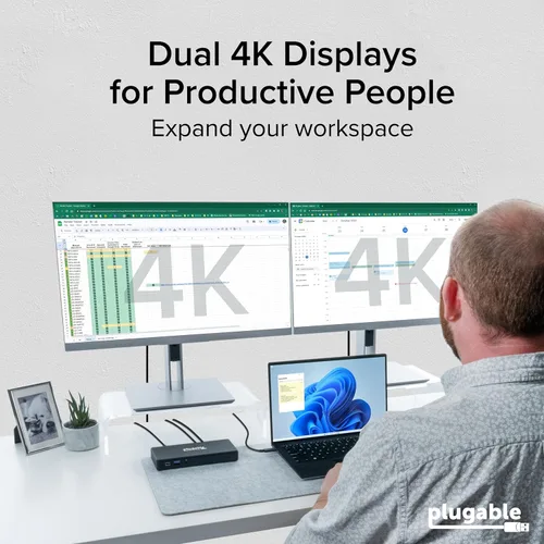 Vista 4 de Estación de acoplamiento USB-C Plugable Dual 4K 60Hz HDMI, carga de 65W, Gigabit Ethernet, 1x USB-C 5Gbps, 3X USB-A, Audio, Windows/ChromeOS