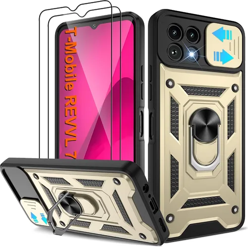 Vista 70 de ATUMP Funda para T-Mobile Revvl V Plus 5G con protector de pantalla HD con cubierta de cámara deslizante, soporte de anillo de rotación de 360° Negro