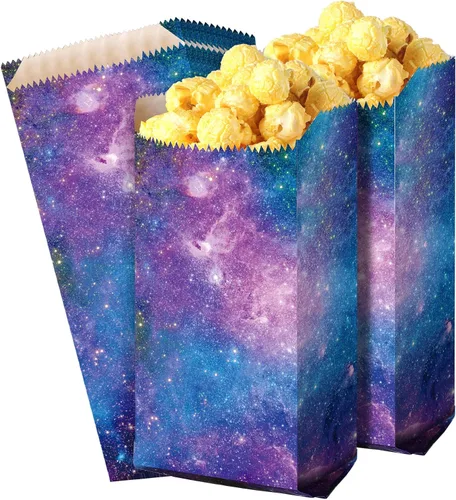 Containlol 100 bolsas de palomitas de maíz de galaxia de 1 onza espacial, bolsas de papel para cumpleaños, noche de películas, dulces, golosinas a