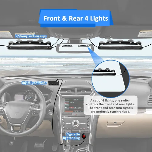 Vista 2 de Wsays 4 piezas, 16 LED, 5,1 cm x 35,6 cm, luz estroboscópica blanca y ámbar para salpicadero con controlador, arnés de cableado y ventosa, barra