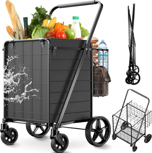Vista 10 de 【2025𝐍𝐄𝐖】Carrito de compras plegable extra grande de 2 niveles con ruedas, carrito de compras de 400 libras para víveres con 2 cestas extraíbles