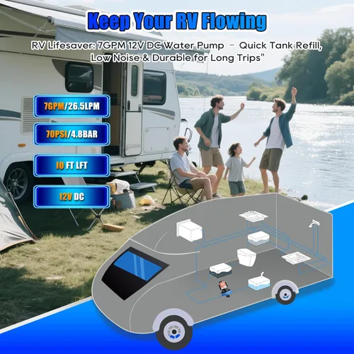 Vista 5 de [Versión mejorada] Bomba de agua dulce de 12V CC para RV, 7GPM 70PSI, bomba de diafragma autocebante de cinco cámaras con interruptor de presión