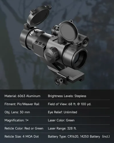 Vista 6 de Hiram 1X30 4 MOA Green Red Dot Mira para Rifles con Láser, Picatinny Cantilever PEPR Mount