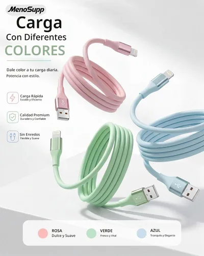 Vista 2 de Cargador para iPhone de carga rápida, paquete de 3 cables Lightning de 10 Colorido
