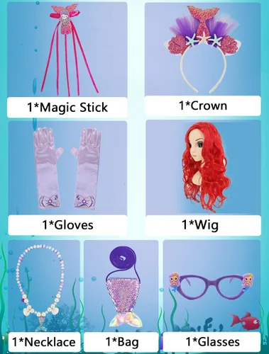 Vista 2 de Disfraz de sirena para niñas, disfraz de princesa para cumpleaños, cosplay, disfraces de Halloween con accesorios para peluca