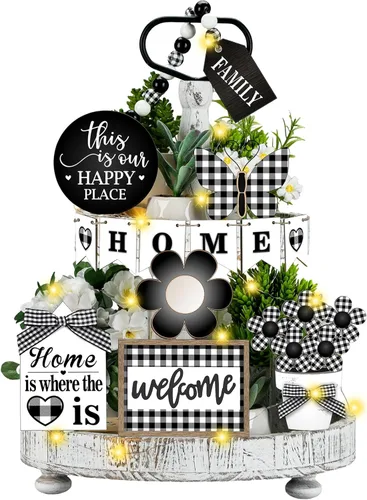 Vista 12 de FairySandy Juego de 11 piezas de decoración de bandeja escalonada para el hogar, decoración rústica de primavera, bandejas escalonadas