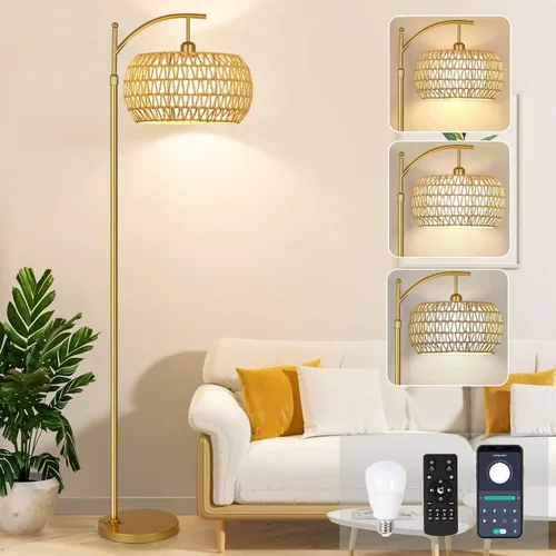 Vista 13 de Lámparas de pie doradas para sala de estar, dormitorio, lámpara de pie de cristal con control remoto y pantalla rosa, lámpara de pie regulable
