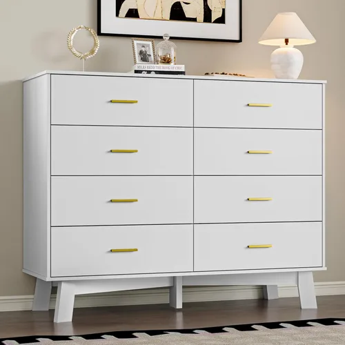 Vista 20 de BORNOON Cómoda para dormitorio con 7 cajones, cómoda moderna de 47.2 pulgadas de ancho con manijas de metal, base en forma de X y pata central