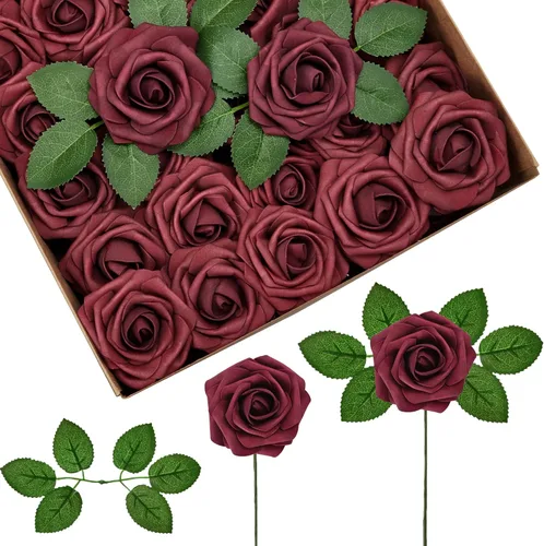 Vista 23 de InnoGear Flores artificiales, 50 unidades de rosas falsas de espuma polvorienta a granel con tallos para decoración, ramos de boda, centros de mesa