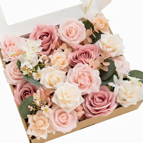 Vista 34 de Ling's moment Caja de Flores Falsas, Tallos de Vegetación Artificial Falsa, Rosas de Espuma, Eucalipto de Seda, Flor de Tela para Centros de Mesa
