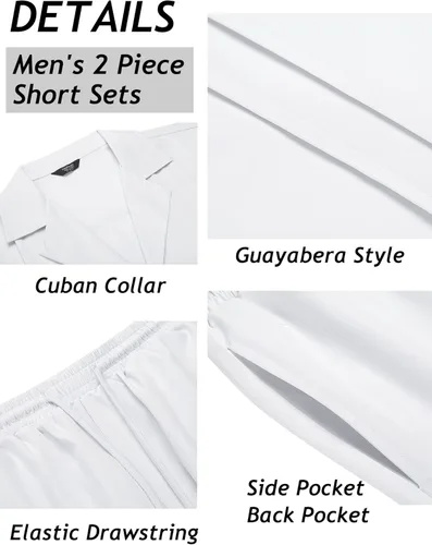 Vista 5 de COOFANDY Conjunto corto de 2 piezas para hombre, camisa con botones Guayabera, casual, trajes de playa de verano
