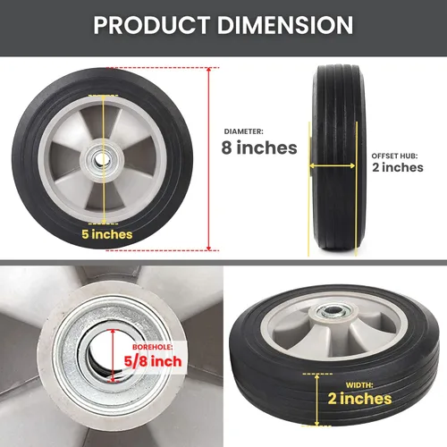 Vista 2 de AR-PRO (4-paquete) Neumático de repuesto de goma sólida sin plano de 8" x 2" con un eje de 5/8" para camiones de mano, carretillas, plataformas