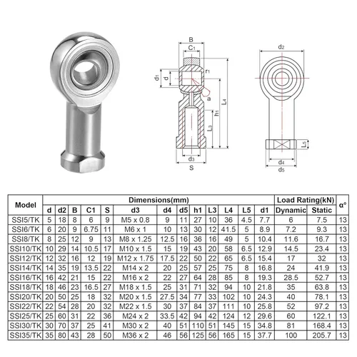 Vista 5 de uxcell SSI10T/K Rodamiento de extremo de varilla de 0.394 in de diámetro de acero inoxidable M10x1.5 rosca hembra mano derecha