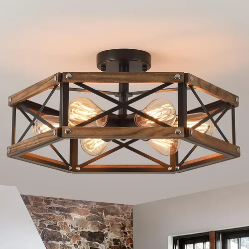 Vista 8 de Lámpara de techo rústica de madera de granja, jaula cuadrada de madera de roble y metal, pequeña lámpara de techo semiempotrada para cocina