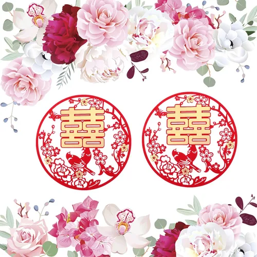 Vista 2 de NUOBESTY 3 calcomanías de boda chinas, suministros de decoración de boda tradicionales, adornos de decoración de platos de frutas y ropa de cama