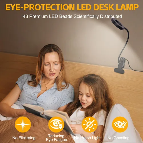 Vista 2 de Foneso Lámpara de escritorio con clip, luz de 48 LED, USB, con 3 modos de color, 10 niveles de brillo, protección ocular, cuello de ganso flexible