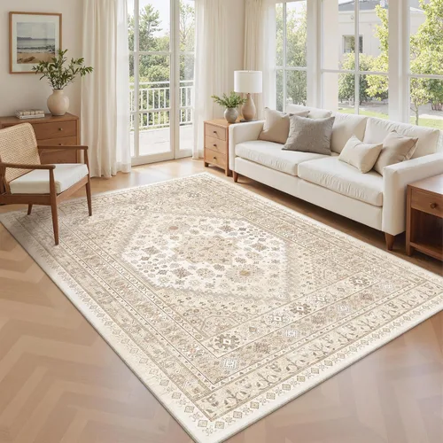 Vista 116 de zesthome Alfombras de área de 5 x 7, lavables a máquina, para sala de estar, dormitorio, resistentes a las manchas, vintage, de gran área, Beige