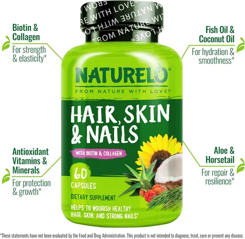 Vista 2 de NATURELO Vitaminas para el cabello, la piel y las uñas, 5000 mcg de biotina, colágeno, vitamina E natural, suplemento para piel sana, crecimiento