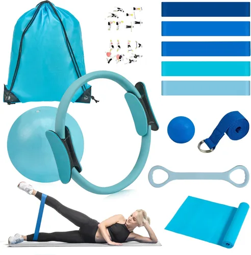 Vista 12 de HASHMUST Kit de anillos de pilates de 12 piezas para mujer, equipo de entrenamiento en casa con círculo mágico, mini pelota de ejercicio, bandas
