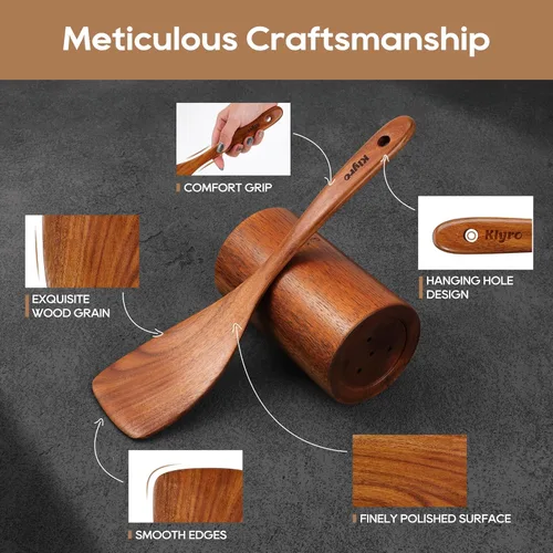 Vista 3 de Juego de utensilios de cocina de teca, juego de utensilios de cocina de madera de alta calidad, cucharas de madera antiadherentes resistentes al