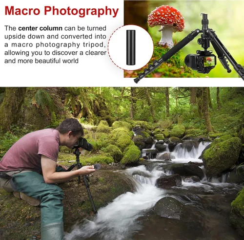 Vista 7 de JOILCAN Trípode de cámara de aluminio de 81 pulgadas, trípode compacto monopié de 360 ° con 2 placas de liberación rápida, 16.5 pulgadas cuando está